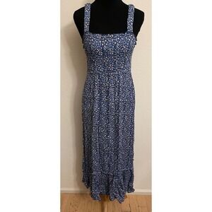 Urban Outfitters Blue Floral Smocked Midi Dress Womens XS Ruffle Hem Rayon